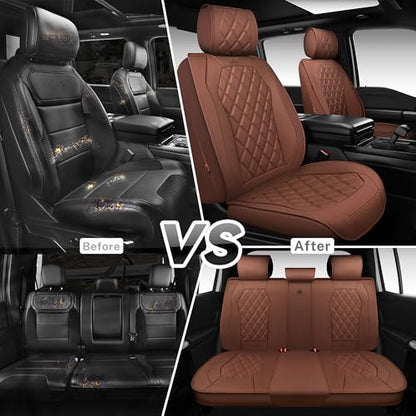 CAR PASS Luxury Nappa Leather Seat Covers Full Set, 3D Rhombus Waterproof Faux Leather Seat Covers, Universal Automotive Seat Cushion Fit for Most Sedan SUV Truck Van, Armrest Airbag Compatible Brown - color: brown