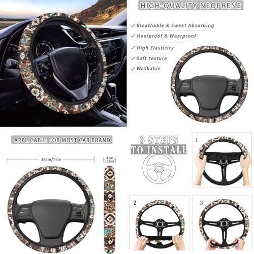 Dreaweet Aztec Brown Cow Seat Covers for Cars Full Set 12 Pcs Universal Car Accessories with Steering Wheel Cover/Armrest Cover/Seat Belt Pads/Coasters/Gear Shift Cover/Handbrake Cover,Universal Fit - color: Aztec Brown Cow