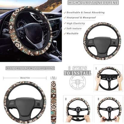 Dreaweet Aztec Brown Cow Seat Covers for Cars Full Set 12 Pcs Universal Car Accessories with Steering Wheel Cover/Armrest Cover/Seat Belt Pads/Coasters/Gear Shift Cover/Handbrake Cover,Universal Fit - color: Aztec Brown Cow