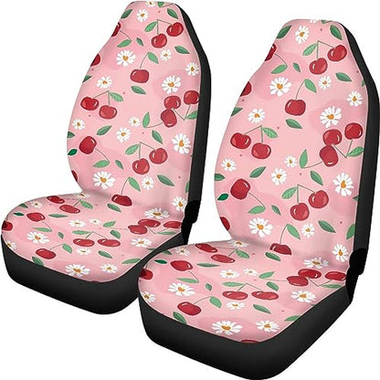 Pink Cherry Print Universal Fit Front Car Seat Cover for Women Girls Stain Resistant Car Seat Covers Bucket Seat Protector Prefect for Automotive, Van, Truck, SUV Cute Daisy Fruit Pattern - color: Cherry