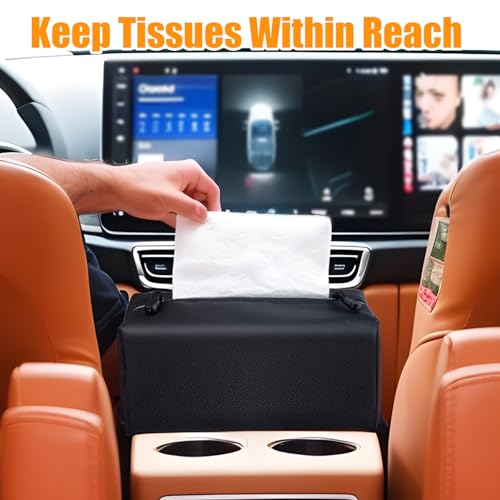 Car Tissue Holder for 120-160-230 Count Kleenex Facial Tissues Box - Waterproof Zipper Cover, Soft Black Leather with Adjustable Strap, Ideal for Car Seat Headrest, Console, Boat, Home (Uplien)