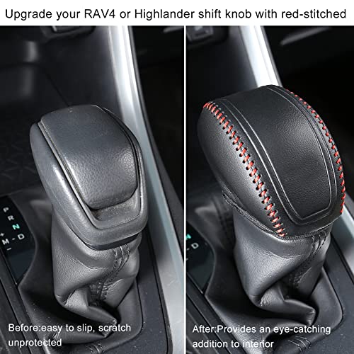 for RAV4 2019-2025 Gear Shift Knob Cover, Genuine Leather Interior Protective Gear Shift Trim for Toyota Highlander 2020-2026- Red Trim - color: Leather Red Trim