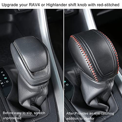 for RAV4 2019-2025 Gear Shift Knob Cover, Genuine Leather Interior Protective Gear Shift Trim for Toyota Highlander 2020-2026- Red Trim - color: Leather Red Trim