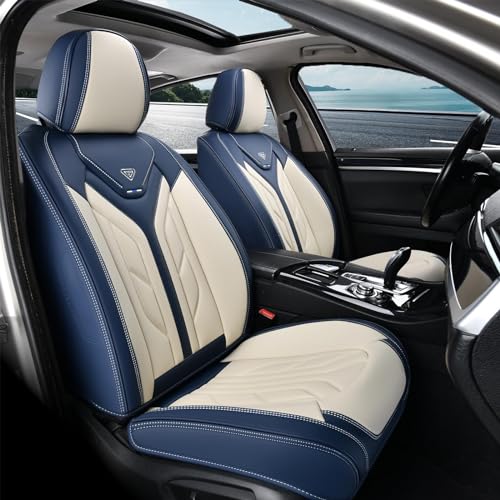 Coverado Car Seat Covers Front Seats Only, Leather Car Seat Protectors, Waterproof Seat Covers for Cars Auto Car Accessories Fit for Most Sedans SUV Pick-up Truck(Blue&Beige)
