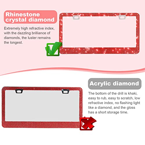 QUANQIUFEI 2 Pack Bling License Plate Frames for Women, Sparkly Rhinestone Diamond Car Accessories with Glitter Crystal Caps (Red) - color: Red