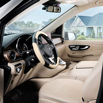 SEG Direct Car Steering Wheel Cover for Medium Standard Size Steering Wheels with 14 1/2-15 inches Outer Diameter, Black and Beige Microfiber Leather - color: 03-Beige, size: Standard size[14 1/2''-15'']