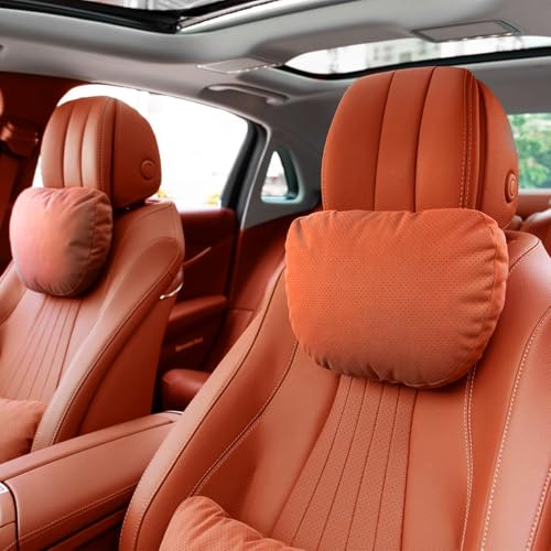 2 Pcs Car Headrest Neck Pillow for Driving,Universal Premium Suede Leather Soft and Comfortable Headrest,Three Gears of Height Adjustment Car Seat Headrest Pillow Car Interior Accessories - color: Hermes Orange