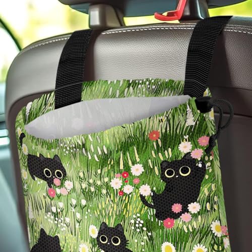 Car Trash Bag Hanging Back of Seat Waterproof Small Cute Printed One-Handed Strap Drawstring Garbage Bags for Car-Black Cat Floral - color: Black Cat Floral Car Trash Bag