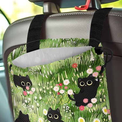 Car Trash Bag Hanging Back of Seat Waterproof Small Cute Printed One-Handed Strap Drawstring Garbage Bags for Car-Black Cat Floral - color: Black Cat Floral Car Trash Bag