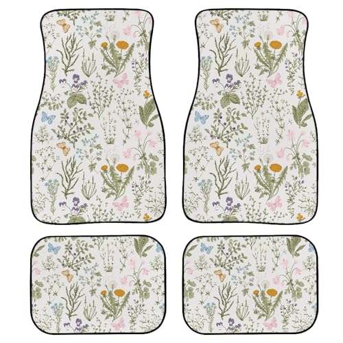 Floral Car Floor Mats 4Pcs Vintage Garden Plants with Herbs Wildflowers Butterfly Botanical Design Floor Mats for Cars Custom Front Rear Vehicle Rugs Universal Auto Accessories for Trucks - color: Green Orange Purple