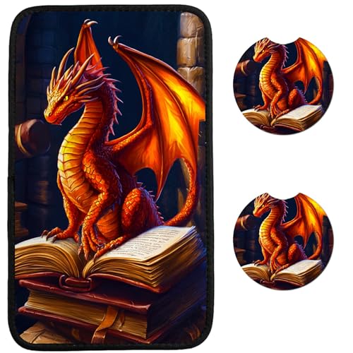 Universal Auto Center Console Pad and 2Pcs Car Coasters Set, Anti Slip Soft Neoprene Car Armrest Seat Box Cover Protector for Most Vehicle - Car Interior Accessories, Book Dragon - color: Book Dragon