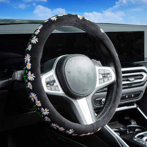 Embroidered Daisy Cute Black Steering Wheel Cover, Auto Anti-Slip Breathable Rubber Steering Wheel Protector, Floral Car Accessories for Women,Universal Size Fit Most Cars -15 inch - color: Daisy JQ