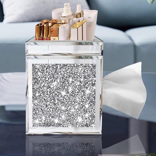 Wocred Square Tissue Box Cover Upgrades with Storage Tray,Crystal Crushed Diamond Tissue Box, Luxury Tissue Holders for Either Tissues in a Bathroom or Napkins on a Table.(6.5”x5.5”x5.5”) - color: Silver Tissue Box Tray