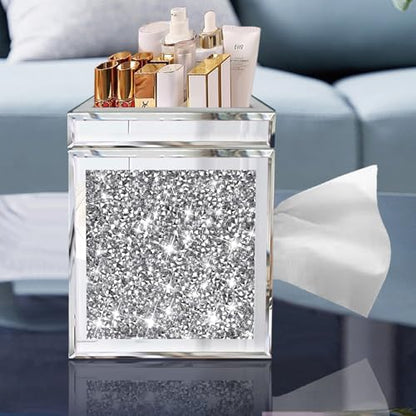 Wocred Square Tissue Box Cover Upgrades with Storage Tray,Crystal Crushed Diamond Tissue Box, Luxury Tissue Holders for Either Tissues in a Bathroom or Napkins on a Table.(6.5”x5.5”x5.5”) - color: Silver Tissue Box Tray