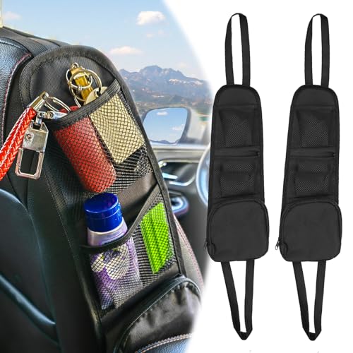 2 PCS Car Seat Side Organizer, Multifunctional Stuff Holder with Mesh Net Pocket, Auto Seat Storage Hanging Bag For Cars, SUVs, Trucks. Can Hold Mobile Phone, Wallet, Glasses (Black)