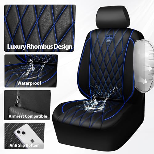 CAR PASS Piping Luxury PU Leather Two Front Car Seat Covers,Waterproof Anti- Slip Seat Covers Compatible with Front Seat Armrests,Universal Fit for Suvs,Vans,Trucks,Airbag Compatible(Black and Blue) - color: Black and Blue, size: Two Front