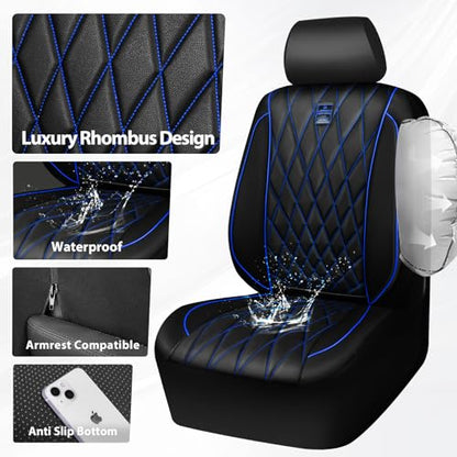 CAR PASS Piping Luxury PU Leather Two Front Car Seat Covers,Waterproof Anti- Slip Seat Covers Compatible with Front Seat Armrests,Universal Fit for Suvs,Vans,Trucks,Airbag Compatible(Black and Blue) - color: Black and Blue, size: Two Front