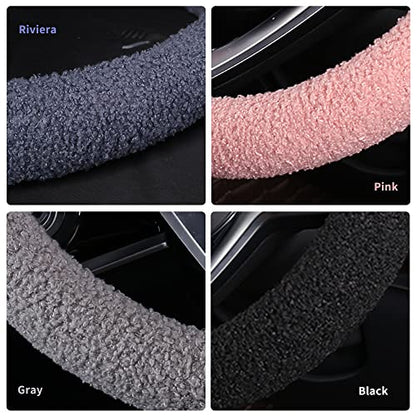 Furry Winter Car Steering Wheel Cover for Women, Soft Fleece Plush Warm Universal Auto Accessories for Jeep, Truck, Van, F150, Fuzzy, Anti Slip, Gray, Large Size, 15.2-16in
