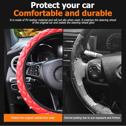HZEL Bling Elastic Car Steering Wheel Covers, Leather Anti Slip Vehicle Steering Wheel Protector with Crystal Rhinestones, Diamond Auto Interior Decor Accessories, Universal Fit (Red)