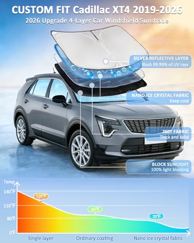 for Cadillac XT4 2019-2025 2026 Windshield Sun Shade - 4 Layers Car Sunshades for Front Windows Shade Cover Custom Fit XT4 Sun Visor 250T Retractable Shade Blocks UV Rays Car Accessories - size: for Cadillac XT4 2019-2026