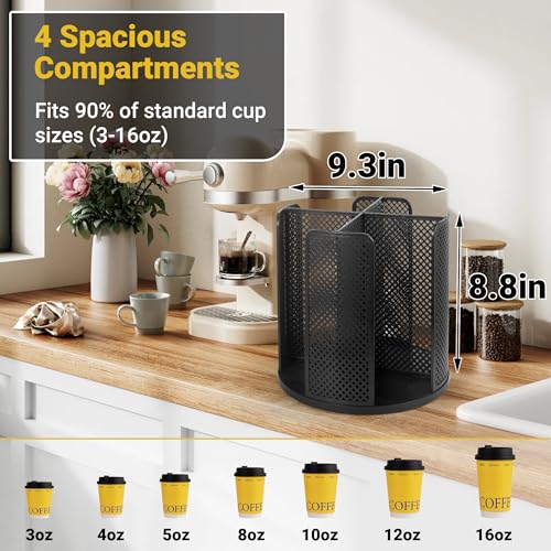4-Compartment Rotating Paper Cup Holder & Coffee Cup Lid Storage Dispenser, Plastic Cup Dispenser Removable, Space-Saving Countertop Cup Holder for Coffee Bars, Kitchens (Black) - color: Black