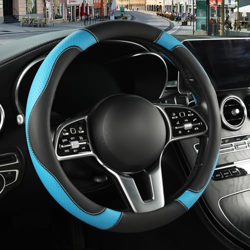 Microfiber Leather Steering Wheel Cover Large Size for Ford F150 F250 F350 F450 RAM 4Runner Tacoma Tundra Sequoia Model S Model X, Breathable, Anti Slip, 15.5 inch to 16 inch, Black with Blue - color: Black Blue, size: Round-Large[15.5"-16"]