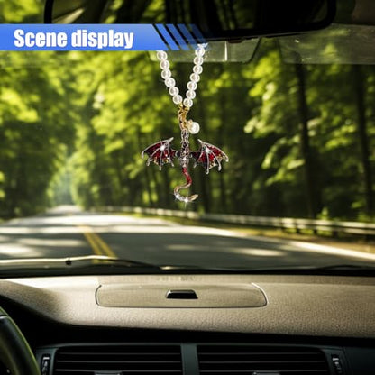 Bling Dragon Car Rear View Mirror Charm, Retro Dragons Automotive Hanging Pendant, Fantasy Rhinestone Pearls Vehicle Mirrors Ornament, Auto Interior Decoration Accessories (Red)