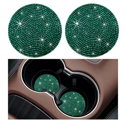Ziciner 2PCS Bling Car Cup Holder Coaster, 2.73 Inch Anti-Slip Cup Insert Coasters, Crystal Rhinestone Auto Drink Cup Mat, Universal Interior Decor Car Accessories for Women Girls (Green) - color: Green, size: 2 Coaster+No Button Cover