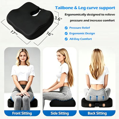 Extra-Dense Seat Cushions for Office Chairs, Orthopedic Seat Cushion for Desk Chair, Car, Wheelchair, Ergonomic Sciatica Support, Hip & Tailbone Pain Relief Cushion for Long Sitting (Black)