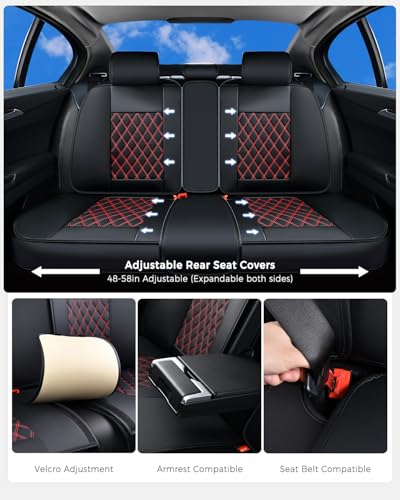 Huidasource Rear Seat Cover, Nappa Leather Back Seat Cover Velcro Adjustable, Compatible with Armrests, Seat Belts, Child Safety Seats, Fit for Most Cars SUVs Trucks (Back Row/Black&Red) - color: 01R# Black & Red01, size: Back Seat Cover