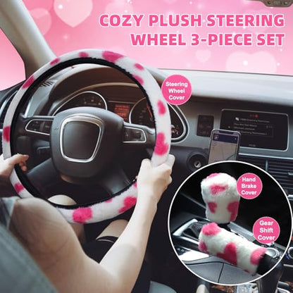 SuperKaKa 3PCS Plush Heart Print Steering Wheel Cover,Auto Furry Cute Shift Gear & Hand Brake Covers Soft Warm Universal Car Interior Accessories for Women Men(Pink Heart) - color: Pink Heart