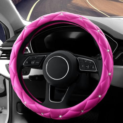 YOGURTCK Cute Diamond Soft Leather Anti-Slip Steering Wheel Cover with Bling Bling Crystal Rhinestones, Universal 15 Inch for Women Girls, Fit Vehicles, Sedans, SUVs, Vans, Trucks - Hot Pink - color: A-Hot Pink