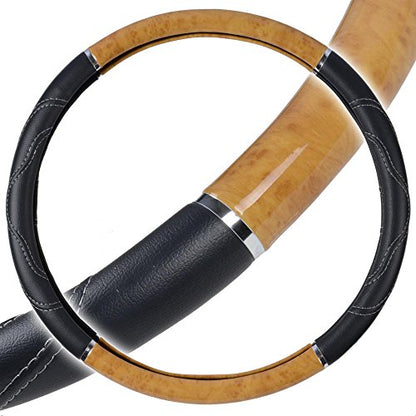 BDK Motor Trend Ergonomic Heavy Duty Large Steering Wheel Cover for Trucks Big Rigs Bus 18" Inch Large Steering Wheel, Light Wood with Black Leather Grip, Improve Grip Anti-Fatigue for Long Drives - color: Light Wood / Black
