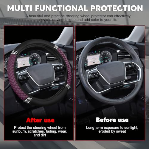 Car Steering Wheel Cover, Steering Wheel Accessories, Breathable Microfiber Leather Auto Wheels Protector, Universal 15 Inch Anti-Slip Protector for SUV Sedan Truck (Bling-Purple)
