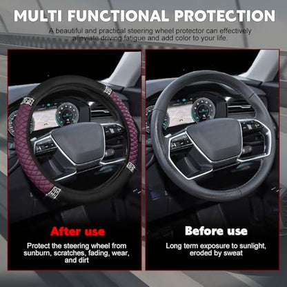 Car Steering Wheel Cover, Steering Wheel Accessories, Breathable Microfiber Leather Auto Wheels Protector, Universal 15 Inch Anti-Slip Protector for SUV Sedan Truck (Bling-Purple)