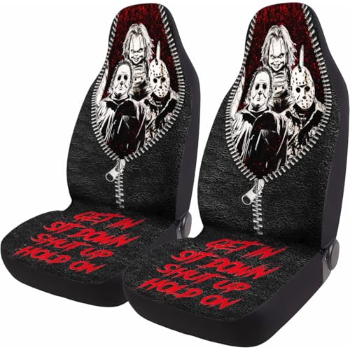 GENANY Horror Movie Car Seat Covers Set of 2, Scary Breathable Front Seat Covers for Truck Sedan SUV, Halloween Car Accessories, Horror Gift for Women Men - color: Horror Killers