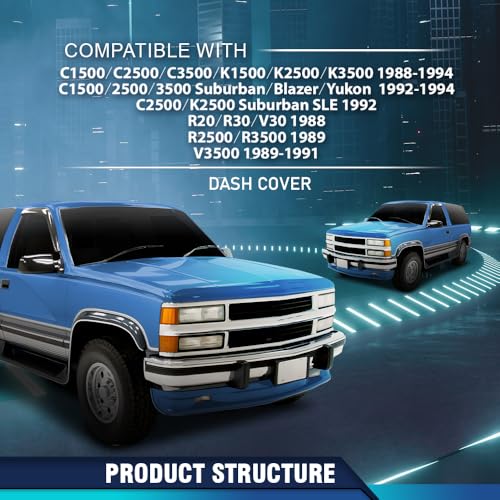 PIT66 TPE Dash Cover Dashboard Panel With Adhesive Compatible with Chevy Blazer Suburban GMC Yukon C1500 C2500 C3500 1988-1994 Plastic Gray - size: 1988-1994 Chevy/GMC(Gray)