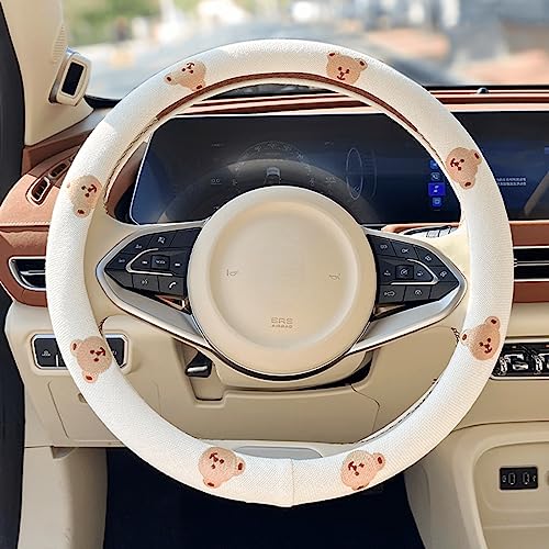 Wheel Cover Flax Microfiber Steering Wheel Covers for Women Fit 15 inch Car Cute Bow Tie Anti-Slip Breathable Absorbing Sweat Cover (Type-O-Bear) - color: Type-O-Bear