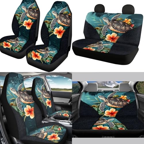 Hawaiian Sea Turtle Car Seat Cover Set for Front and Rear Car Accessories Full Set 12 Pcs Steering Wheel Cover Armrest Pad Gear Shift Cover Headrest Covers Universal Fit - color: Hawaiian Sea Turtle
