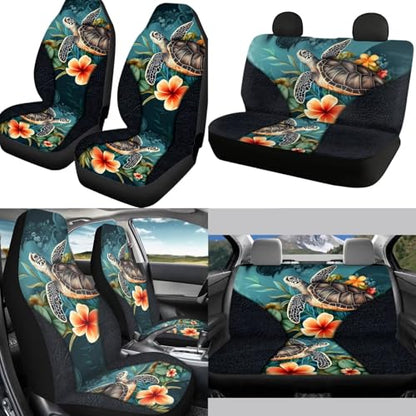 Hawaiian Sea Turtle Car Seat Cover Set for Front and Rear Car Accessories Full Set 12 Pcs Steering Wheel Cover Armrest Pad Gear Shift Cover Headrest Covers Universal Fit - color: Hawaiian Sea Turtle