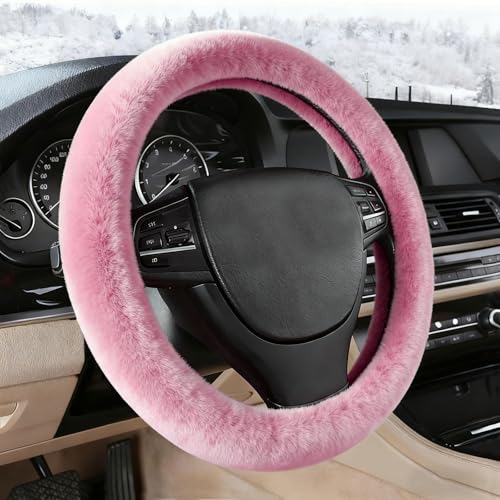 Furry Warm Steering Wheel Cover, Universal 14.5-15 Inch Winter Plush Warm Steering Wheel Cover, Soft Fluffy, Anti-Slip Design, Soft Texture (Pink) - color: Pink Plush