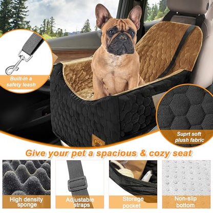 Dog Car Seat for Small/Medium Dogs, Memory Foam Dog Booster Seat, Travel Safety Per Car Seat with Washable Removable Cover, Storage Pockets for Dogs up to 35 lbs(BlackBrown)
