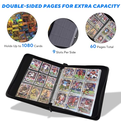 Portable 9-Pocket Trading Card Binder, Holds 1080 Cards with 60 Removable Double-Sided Sleeves, Baseball Card Binder Card Storage Organizer Album for Boys, Girls, Sports & Game Cards