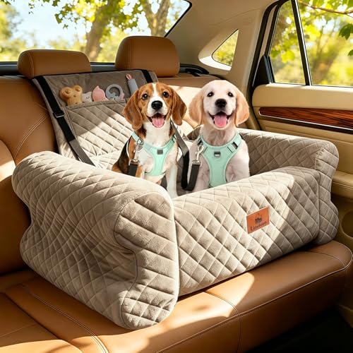 Dog Car Seat for Medium/Large Dogs up to 60 lbs, Memory Foam Dog Booster Seat with Thick Cushion, Pet Car Seat for Back with Detachable Washable Cover, Storage Pockets for SUV, Pick Up, Trunk, Khaki - color: Khaki