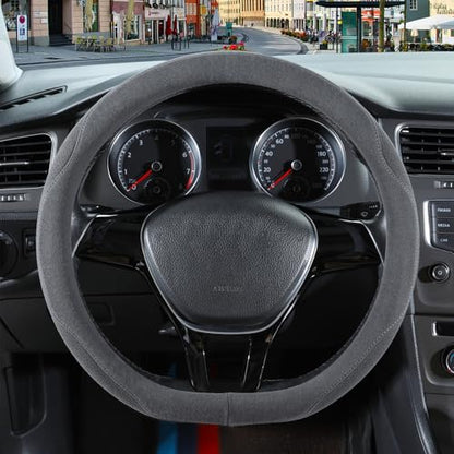 14 inch Gray Suede D Shaped Steering Wheel Cover, Breathable Non-Slip Sweat-Proof Wear-Resistant No Pilling, Warm in Winter and Cool in Summer - color: Gray, size: D Shape-S[13.5''-14'']