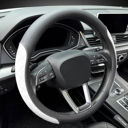 Nappa Leather Steering Wheel Cover, Elegant Diamond Checkered Design, Non-Slip wear-Resistant, Enhance Driving Comfort, Suitable for Steering Wheel Diameter 14 1/2‘-15’ Models.Black White - color: Black White