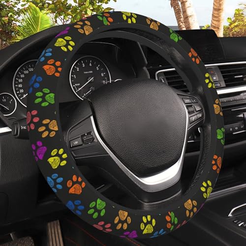 Colorful Paw Footprints Car Steering Wheel Cover, Non-Slip Absorbing Sweat Car Wheel Cover Accessories for Men Women,Universal 15" Fit Auto SUV Vans Trucks - color: Colorful Paw Footprints