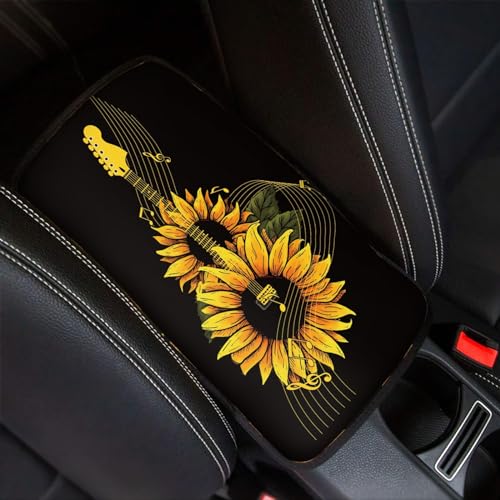 UNICEU Sunflower Guitar Car Center Console Armrest Cushion Pad Auto Interior Accessories for Women, Neoprene Soft Armrest Protector Pad Anti Slip Cover - color: Sunflower Guitar