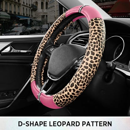Road Comforts Leopard Steering Wheel Cover for Women, Cute Anti-Slip Microfiber Leather, Fits D Shape Flat Bottom Steering Wheel 14.5-15 Inch - Pink - color: D Shape-Pink
