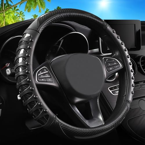 3D Massage Car Steering Wheel Cover,14.5-15 Inch Universal Black Carbon Fibre Leather Covers Breathable Anti-Slip Odorless Steering Wheels Accessories for Men Women - color: Studs-Sports Black